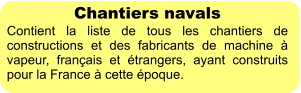 Chantiers navals Contient la liste de tous les chantiers de constructions et des fabricants de machine à vapeur, français et étrangers, ayant construits pour la France à cette époque.
